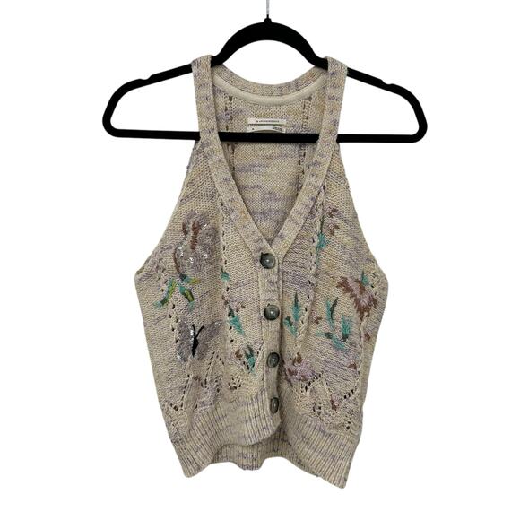 by Anthropologie Tan Multicolor Gardenia Button-Up Sweater Vest Womens Medium - Picture 2 of 6